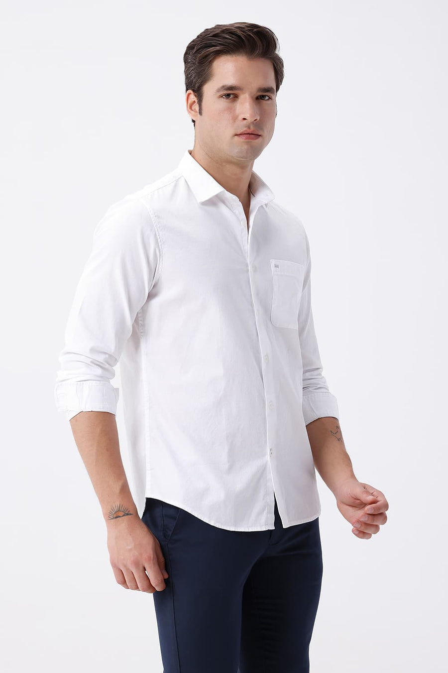 BASICS SLIM FIT WHITE COTTON CREPE SHIRT