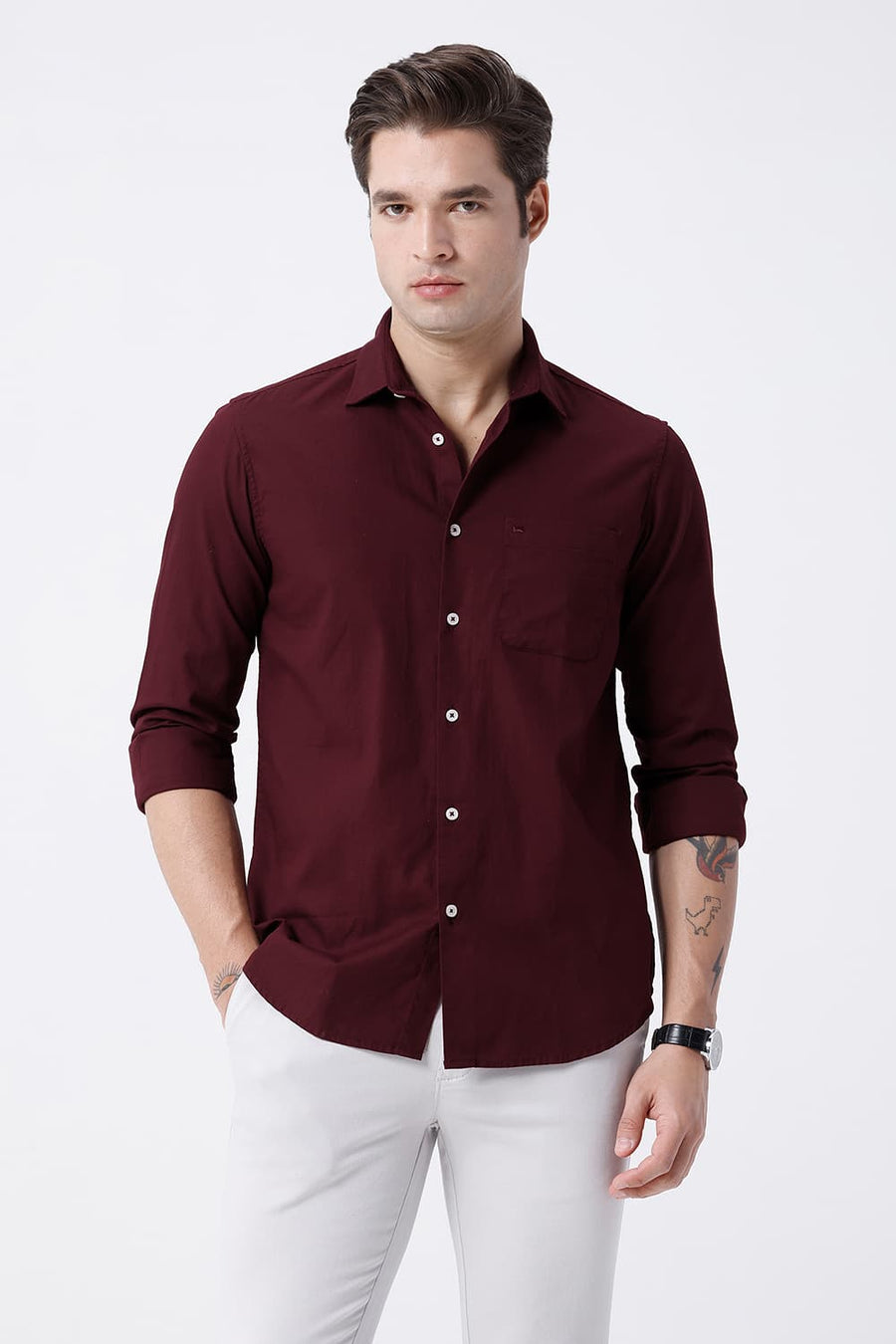 BASICS SLIM FIT MAROON COTTON CREPE SHIRT