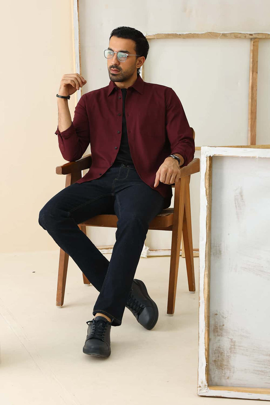 Basics Slim Fit Maroon Cotton Crepe Shirt