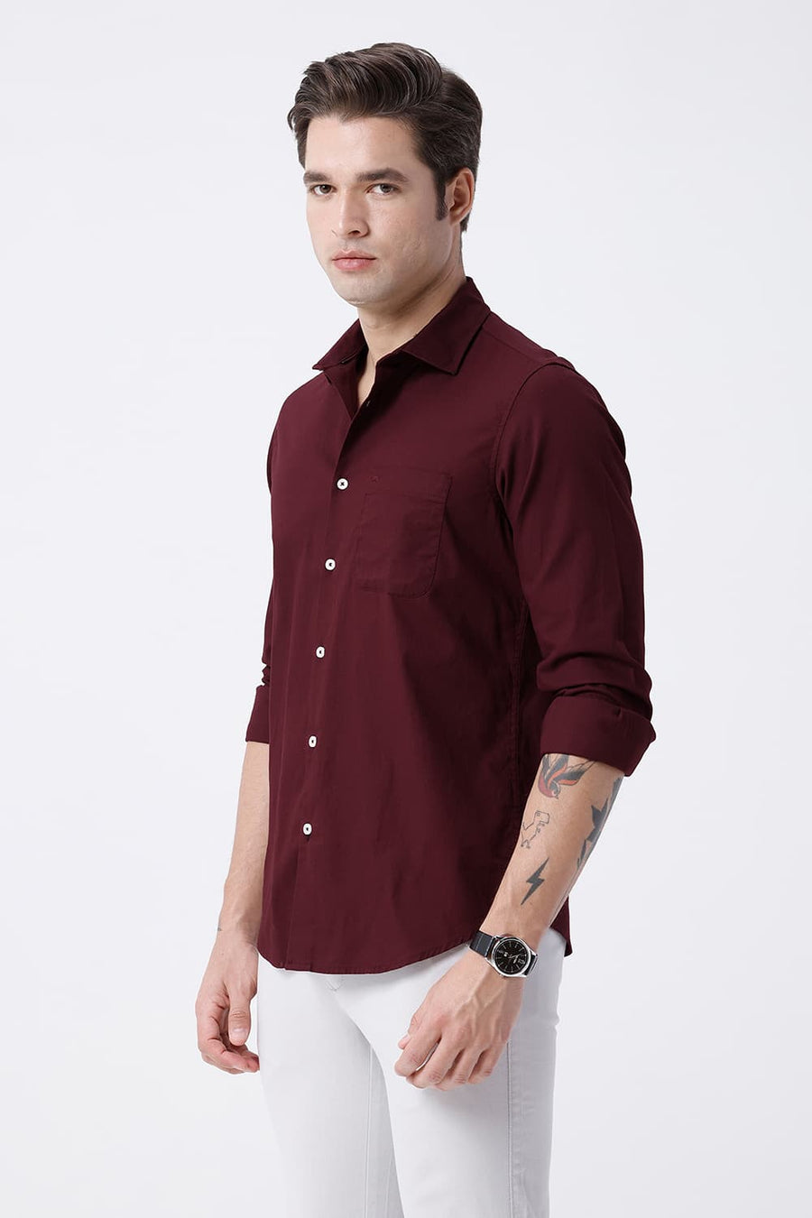 BASICS SLIM FIT MAROON COTTON CREPE SHIRT