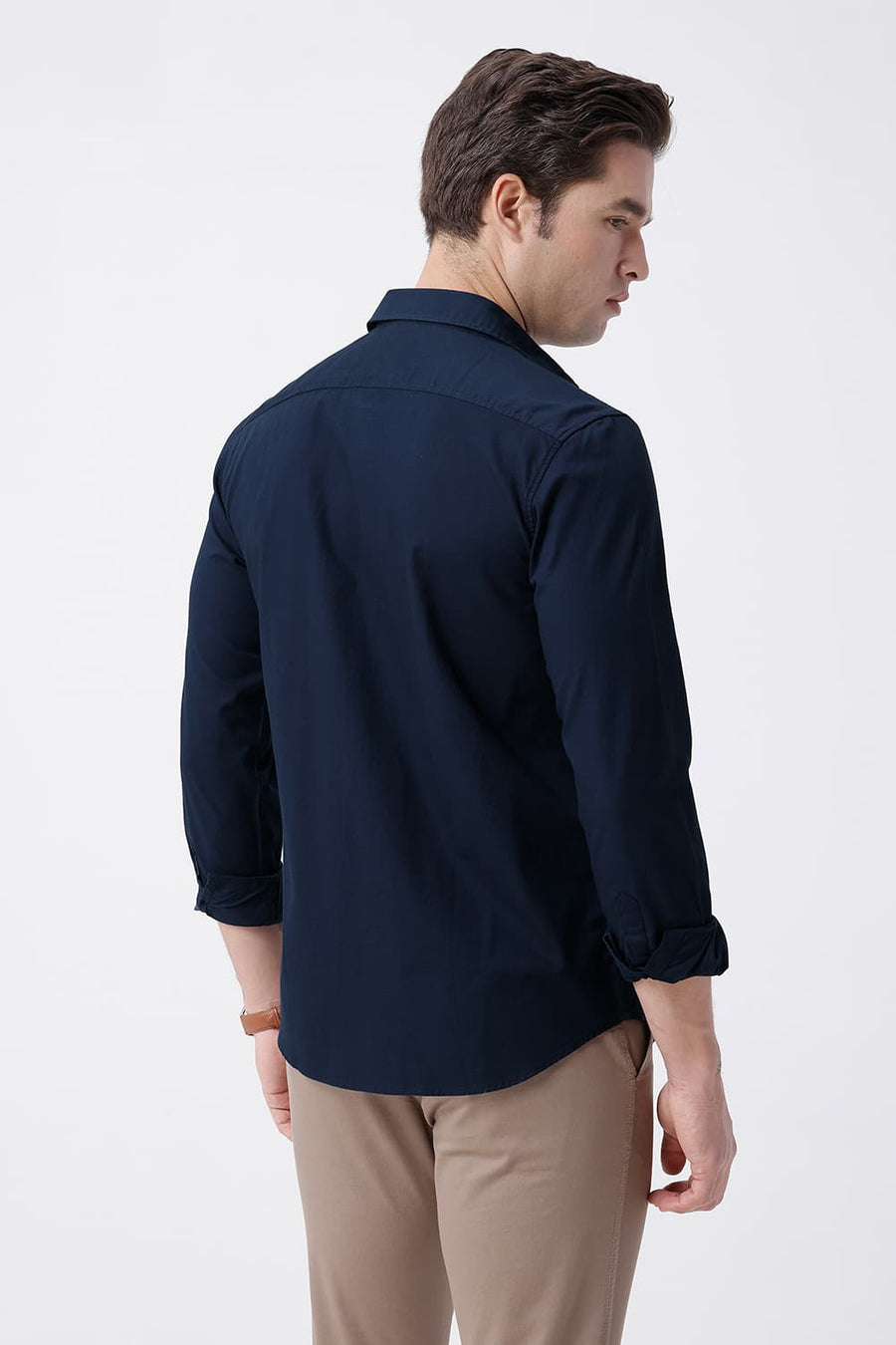 BASICS SLIM FIT NAVY COTTON CREPE SHIRT