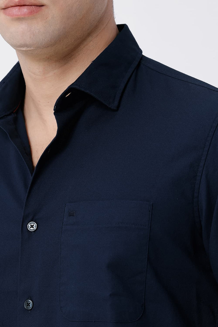 BASICS SLIM FIT NAVY COTTON CREPE SHIRT