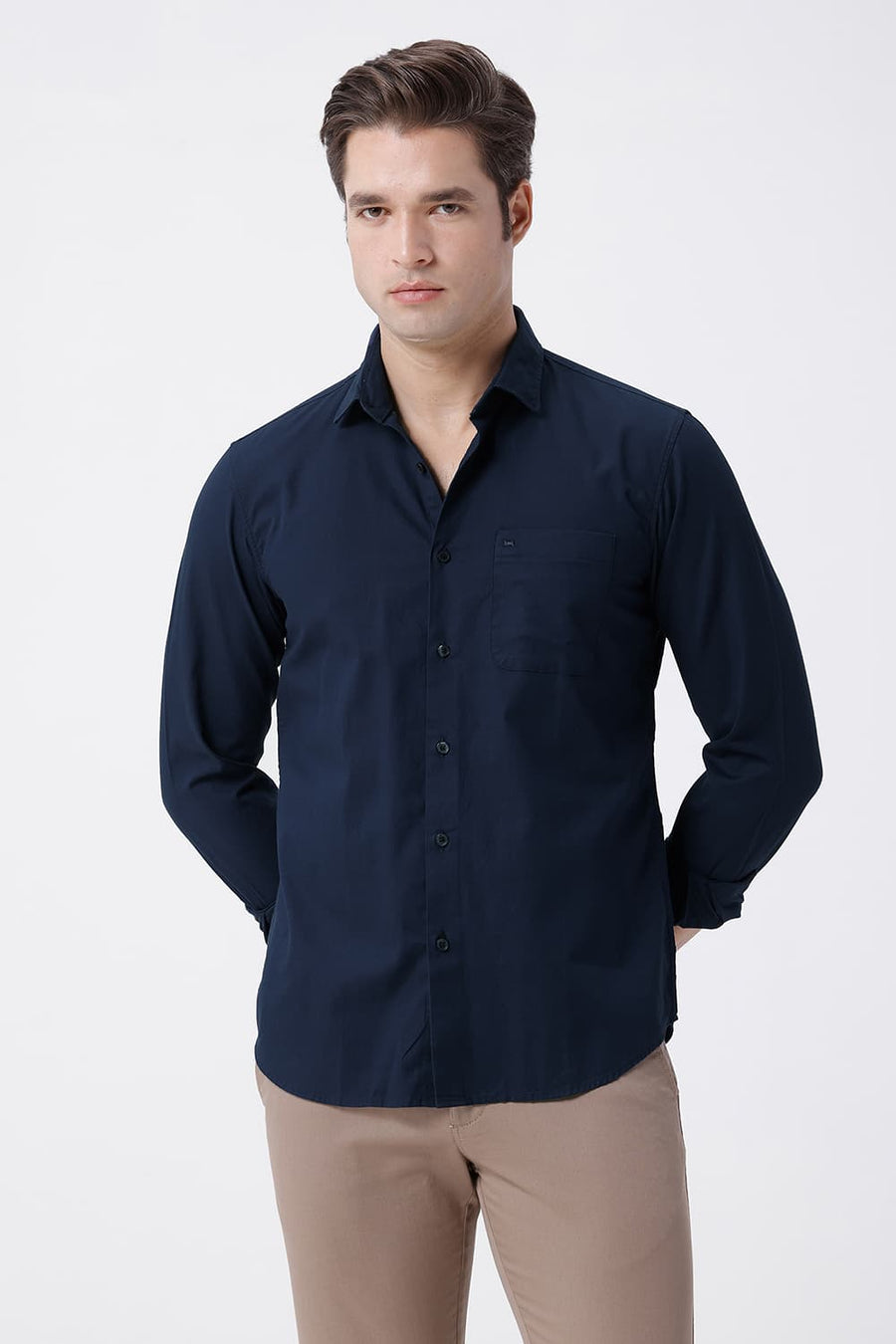 BASICS SLIM FIT NAVY COTTON CREPE SHIRT