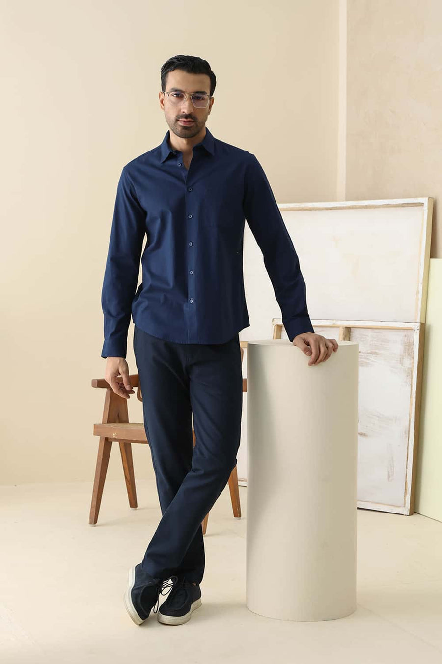 Basics Slim Fit Navy Cotton Crepe Shirt
