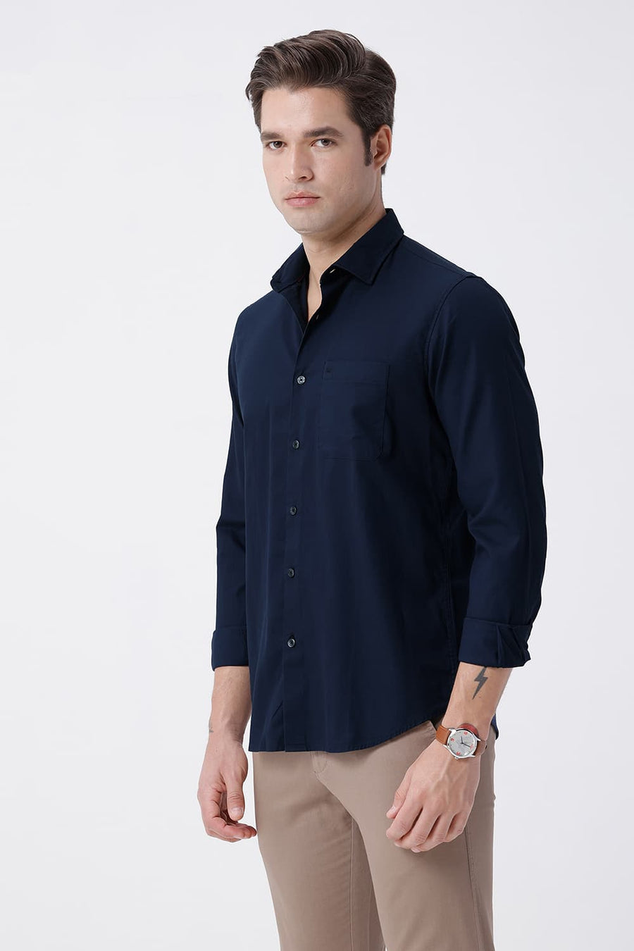 BASICS SLIM FIT NAVY COTTON CREPE SHIRT