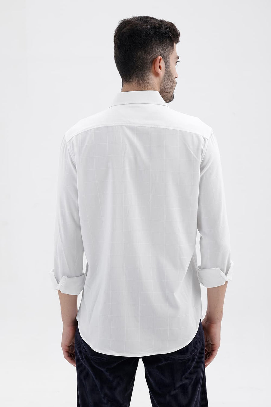 BASICS SLIM FIT BRILLIANT WHITE VISCOSE POLYESTER STRETCH SELF CHECKS SHIRT