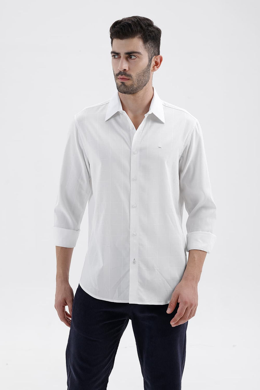 BASICS SLIM FIT BRILLIANT WHITE VISCOSE POLYESTER STRETCH SELF CHECKS SHIRT
