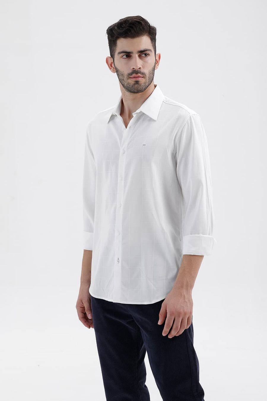 BASICS SLIM FIT BRILLIANT WHITE VISCOSE POLYESTER STRETCH SELF CHECKS SHIRT