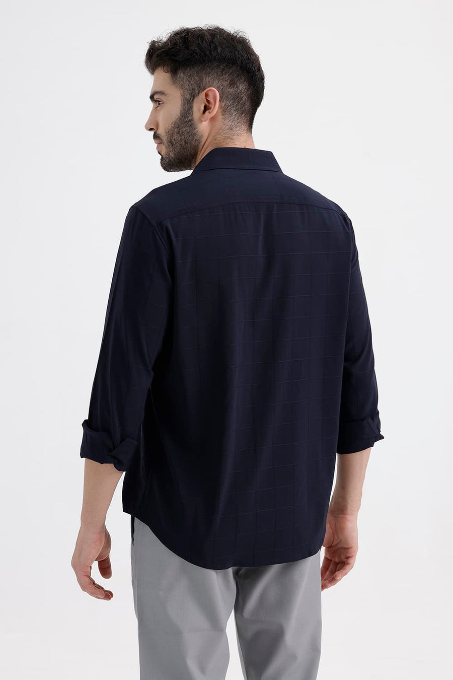 BASICS SLIM FIT MIDNIGHT NAVY VISCOSE POLYESTER STRETCH SELF CHECKS SHIRT