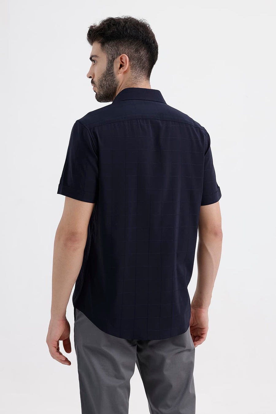 BASICS SLIM FIT MIDNIGHT NAVY VISCOSE POLYESTER STRETCH SELF CHECKS HALFSLEEVES SHIRT