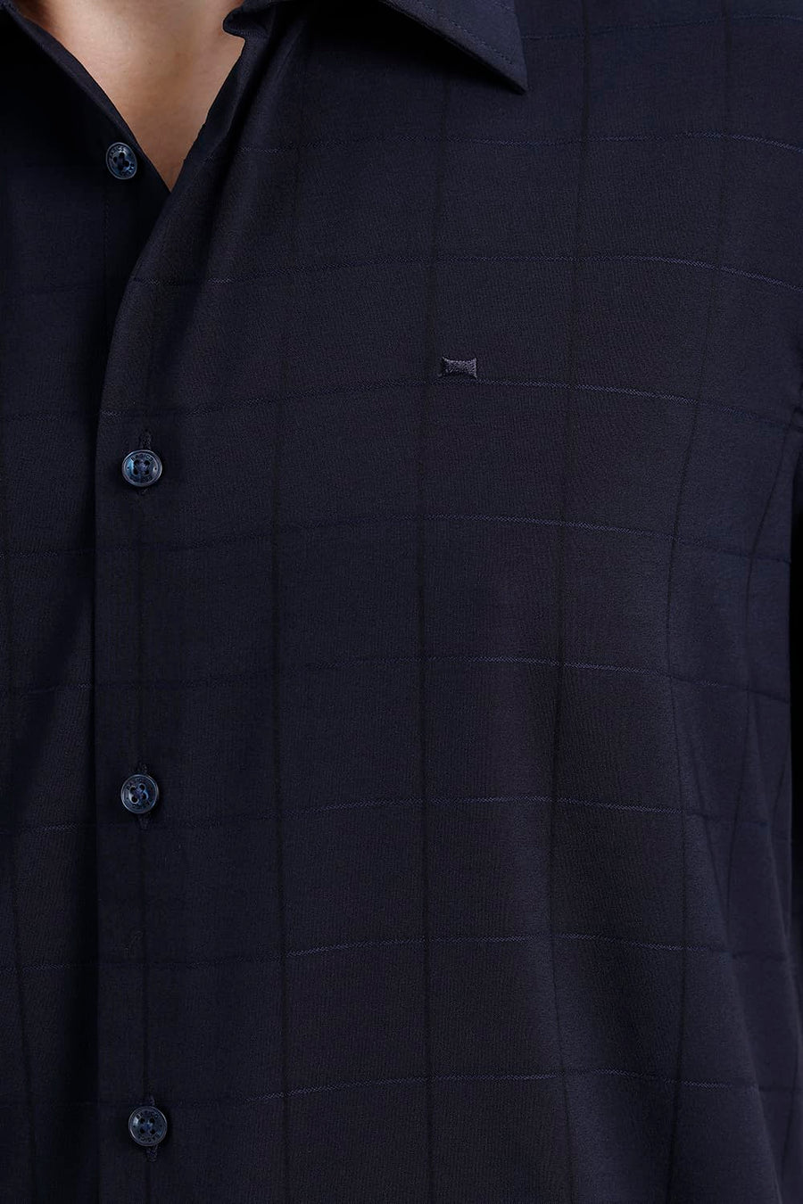 BASICS SLIM FIT MIDNIGHT NAVY VISCOSE POLYESTER STRETCH SELF CHECKS SHIRT