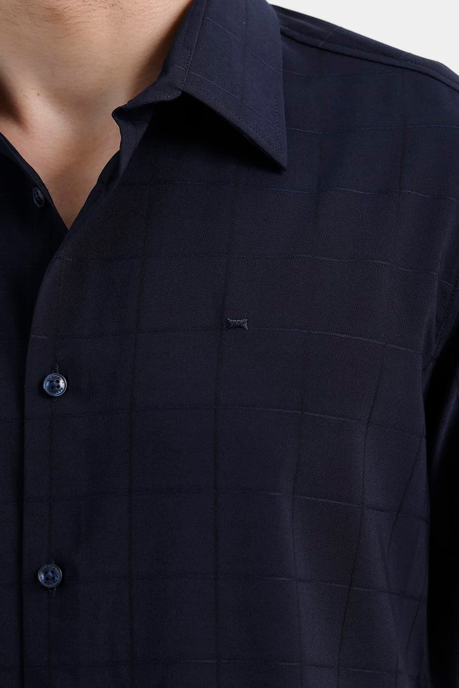 BASICS SLIM FIT MIDNIGHT NAVY VISCOSE POLYESTER STRETCH SELF CHECKS HALFSLEEVES SHIRT