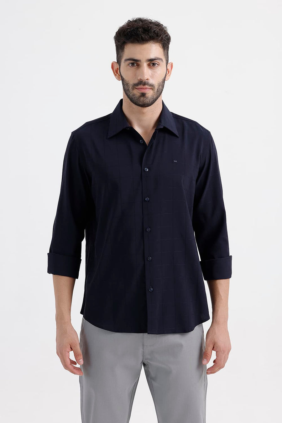BASICS SLIM FIT MIDNIGHT NAVY VISCOSE POLYESTER STRETCH SELF CHECKS SHIRT