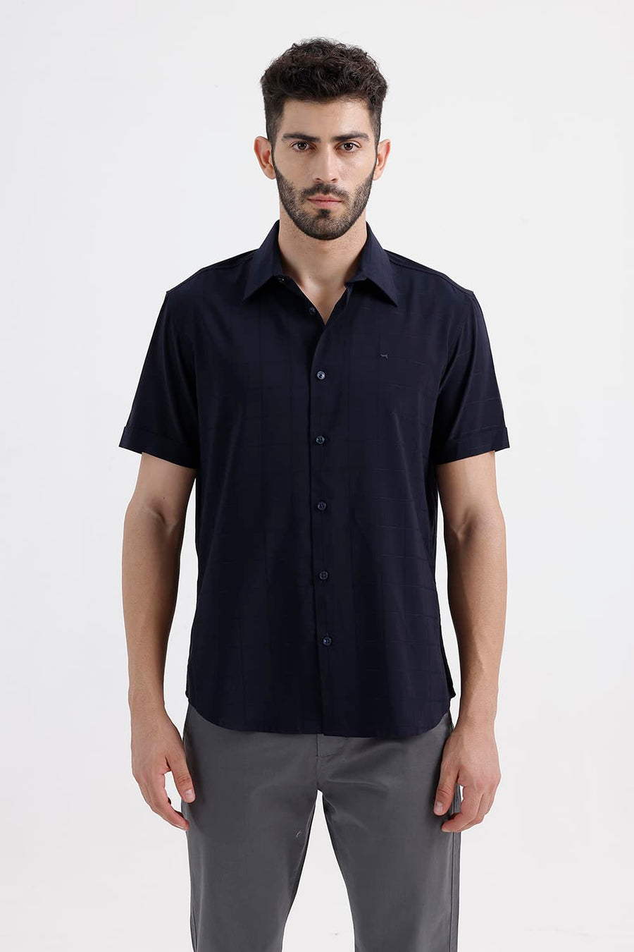 BASICS SLIM FIT MIDNIGHT NAVY VISCOSE POLYESTER STRETCH SELF CHECKS HALFSLEEVES SHIRT