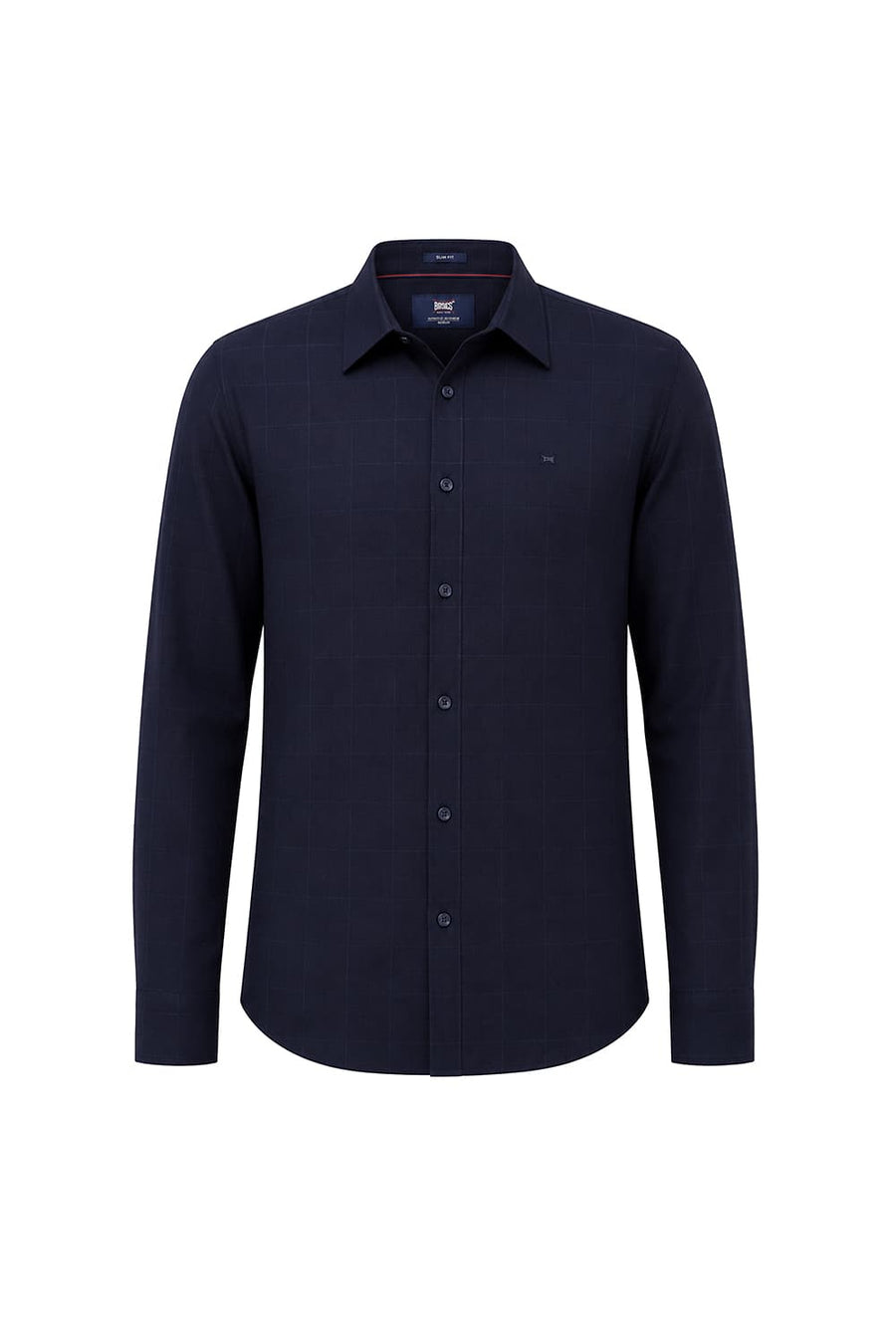BASICS SLIM FIT MIDNIGHT NAVY VISCOSE POLYESTER STRETCH SELF CHECKS SHIRT