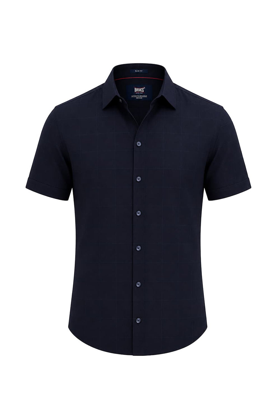 BASICS SLIM FIT MIDNIGHT NAVY VISCOSE POLYESTER STRETCH SELF CHECKS HALFSLEEVES SHIRT