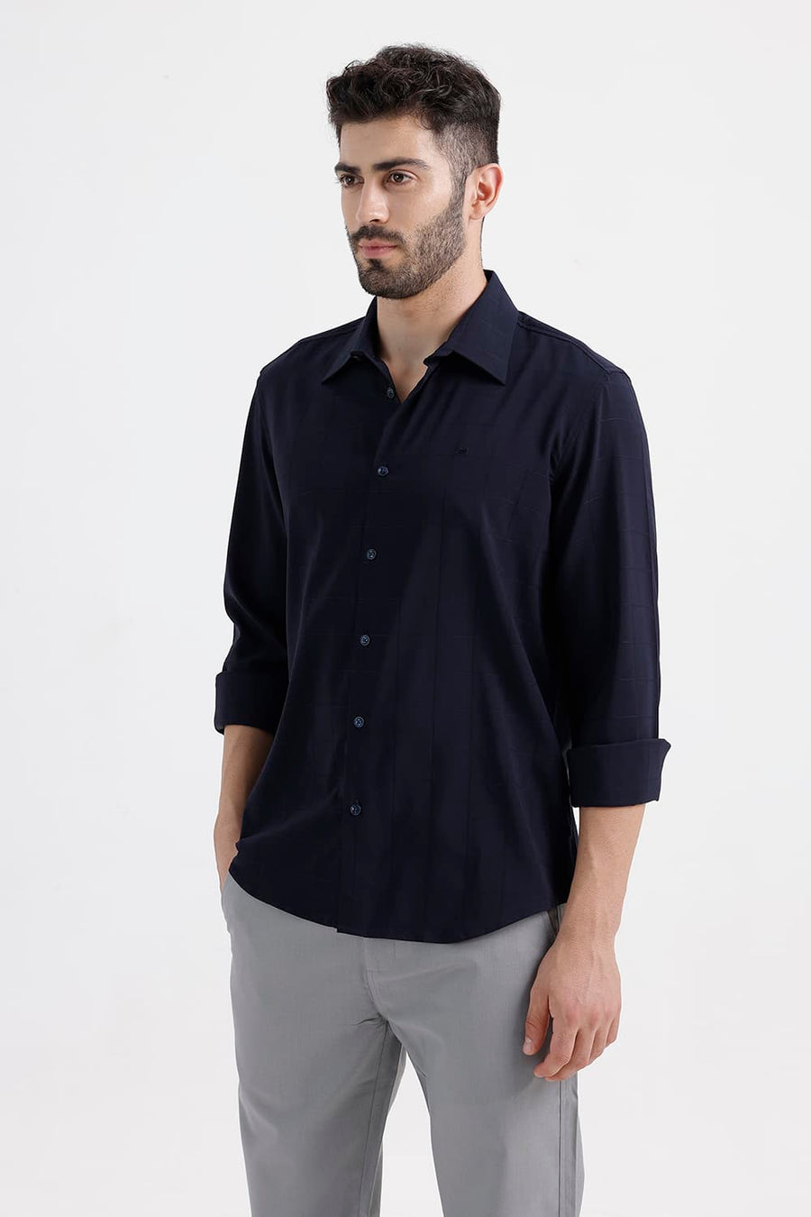 BASICS SLIM FIT MIDNIGHT NAVY VISCOSE POLYESTER STRETCH SELF CHECKS SHIRT