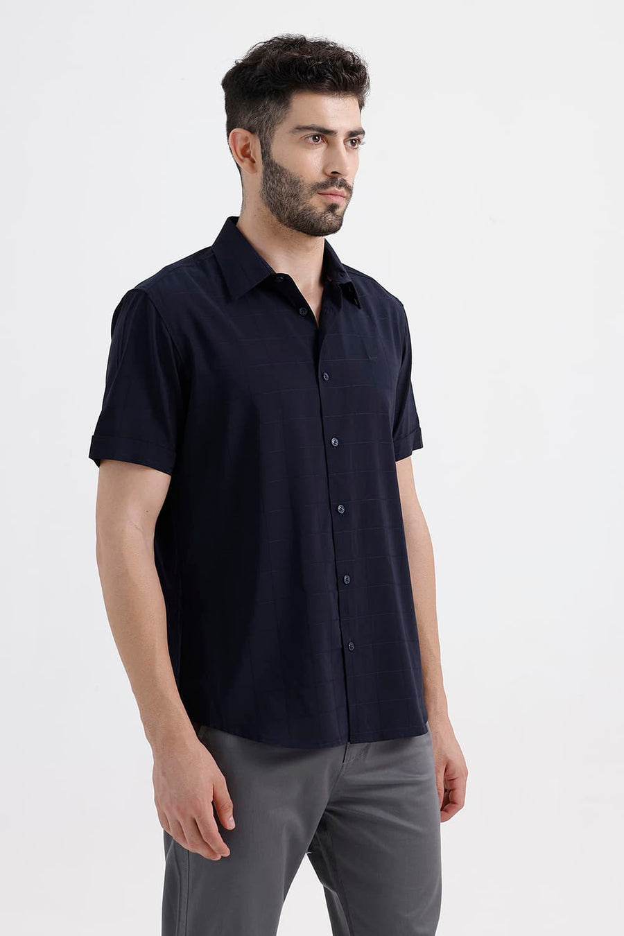 BASICS SLIM FIT MIDNIGHT NAVY VISCOSE POLYESTER STRETCH SELF CHECKS HALFSLEEVES SHIRT