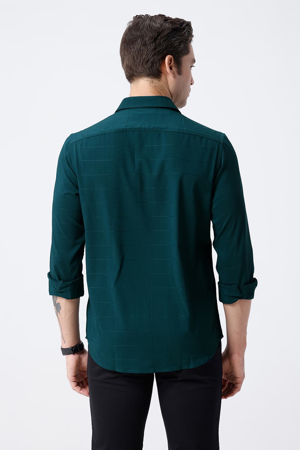 BASICS SLIM FIT PACIFIC GREEN VISCOSE POLYESTER STRETCH SELF CHECKS SHIRT