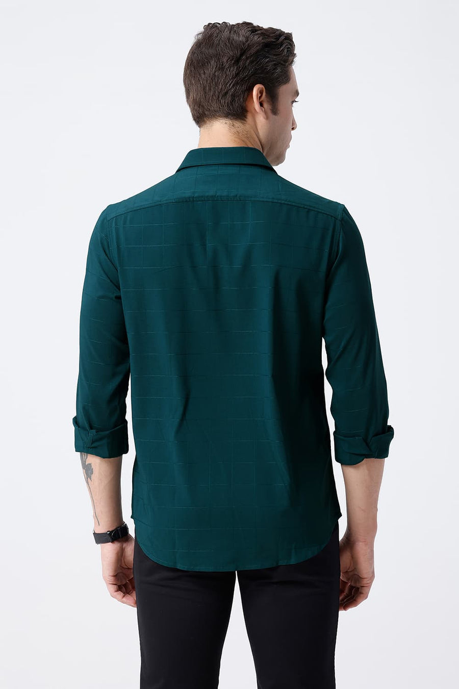 BASICS SLIM FIT PACIFIC GREEN VISCOSE POLYESTER STRETCH SELF CHECKS SHIRT