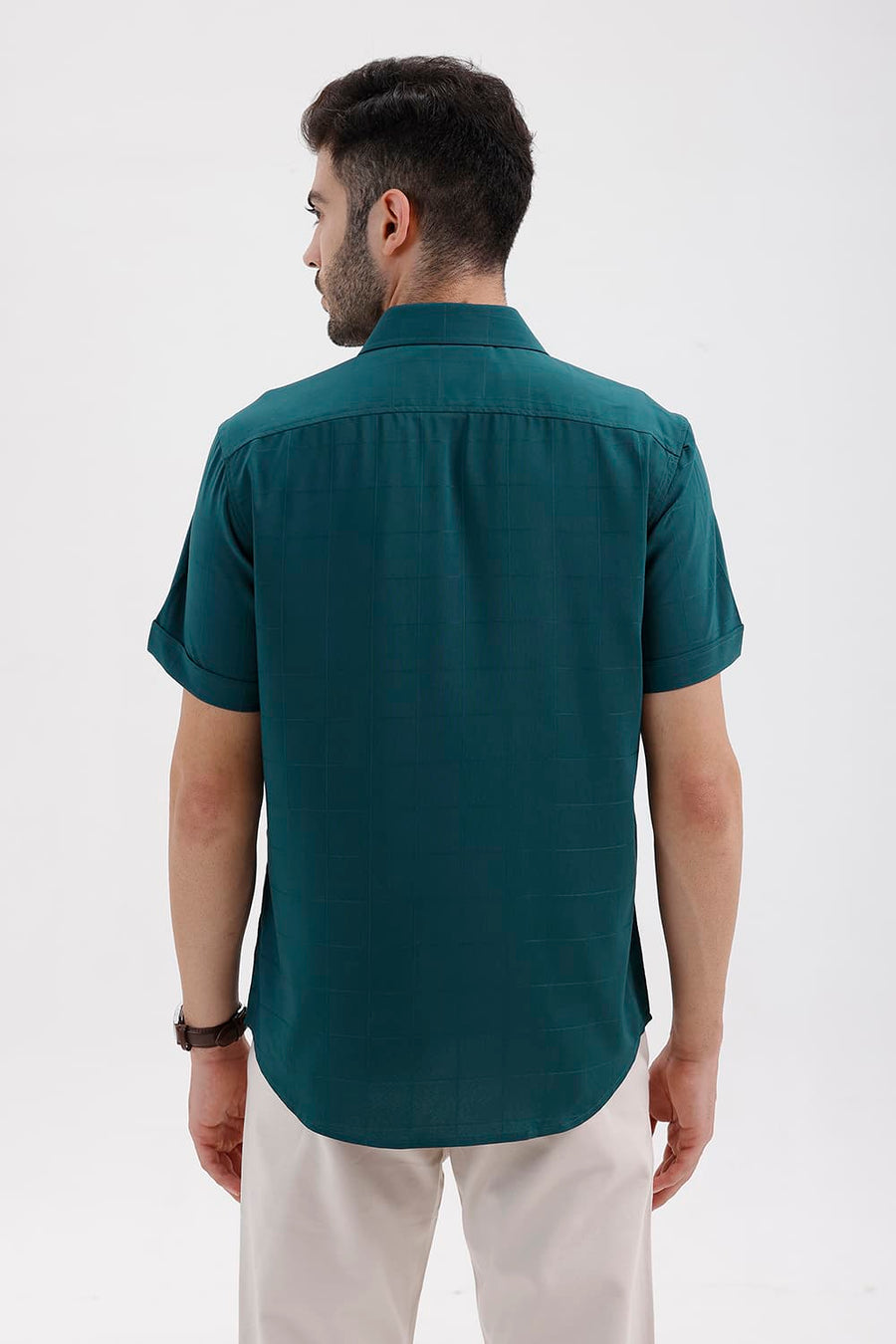 BASICS SLIM FIT TEAL GREEN VISCOSE POLYESTER STRETCH SELF CHECKS HALFSLEEVES SHIRT