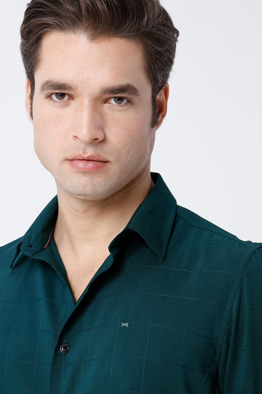 BASICS SLIM FIT PACIFIC GREEN VISCOSE POLYESTER STRETCH SELF CHECKS SHIRT