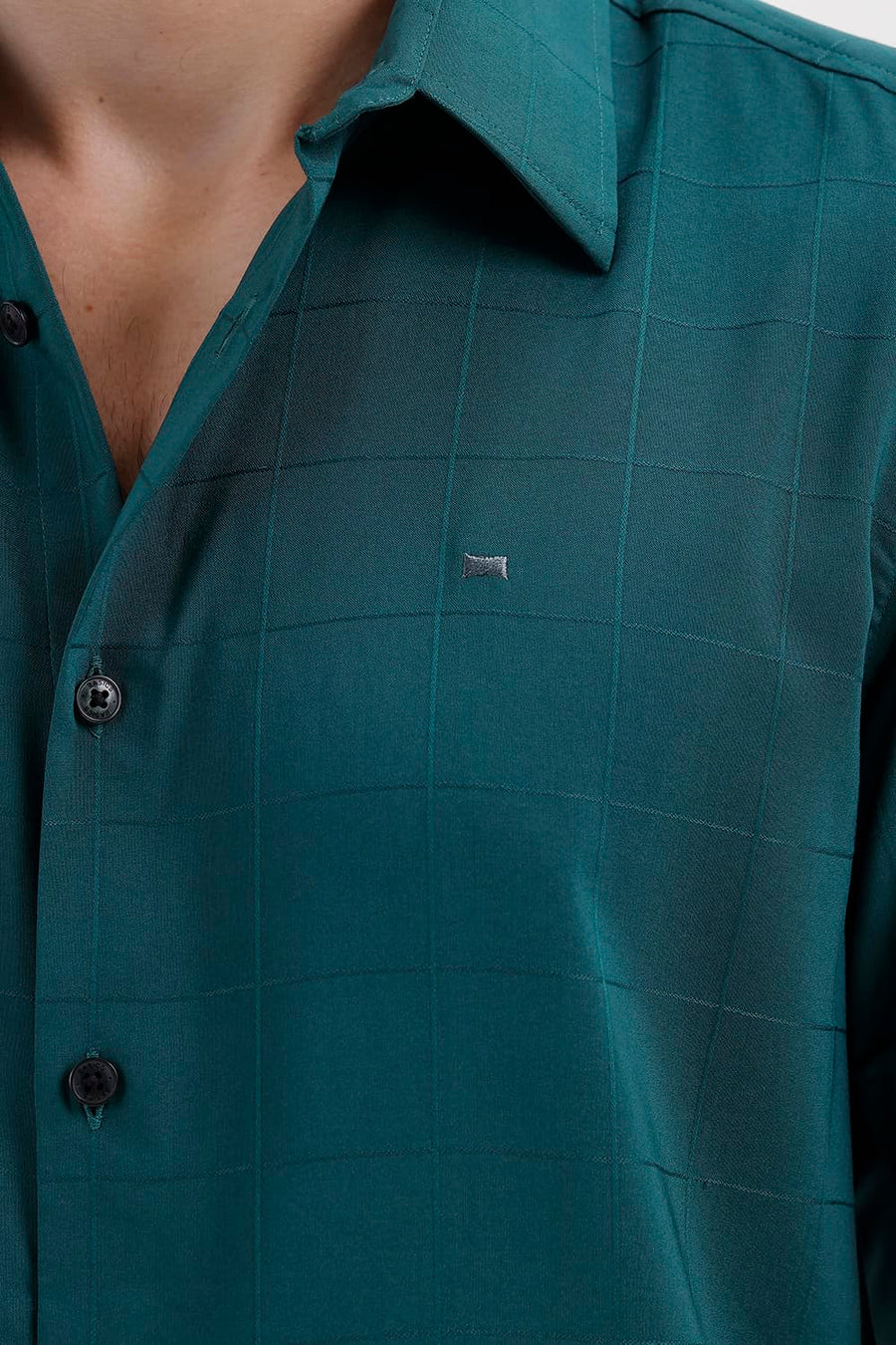 BASICS SLIM FIT TEAL GREEN VISCOSE POLYESTER STRETCH SELF CHECKS HALFSLEEVES SHIRT