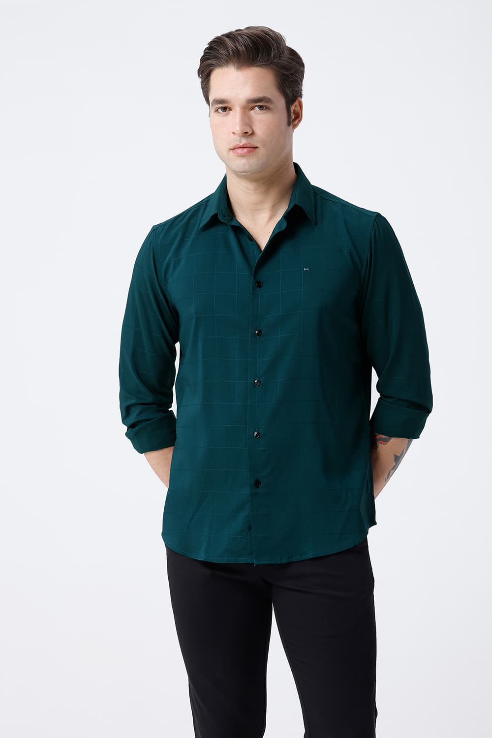 BASICS SLIM FIT PACIFIC GREEN VISCOSE POLYESTER STRETCH SELF CHECKS SHIRT
