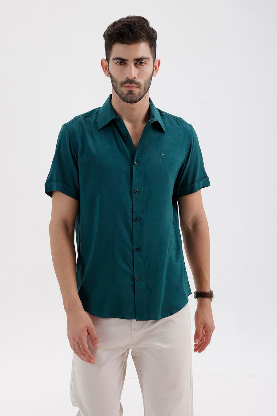 BASICS SLIM FIT TEAL GREEN VISCOSE POLYESTER STRETCH SELF CHECKS HALFSLEEVES SHIRT