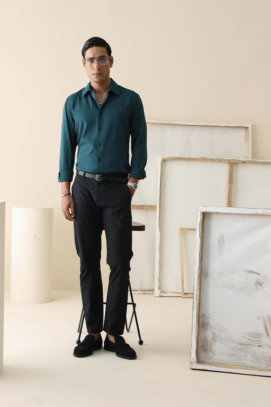 Basics Slim Fit Pacific Green Viscose Polyester Stretch Self Checks Shirt