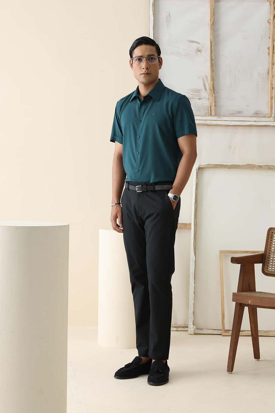 Basics Slim Fit Teal Green Viscose Polyester Stretch Self Checks Halfsleeves Shirt