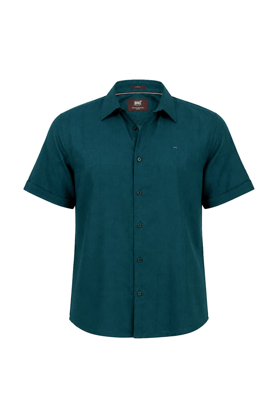 BASICS SLIM FIT TEAL GREEN VISCOSE POLYESTER STRETCH SELF CHECKS HALFSLEEVES SHIRT