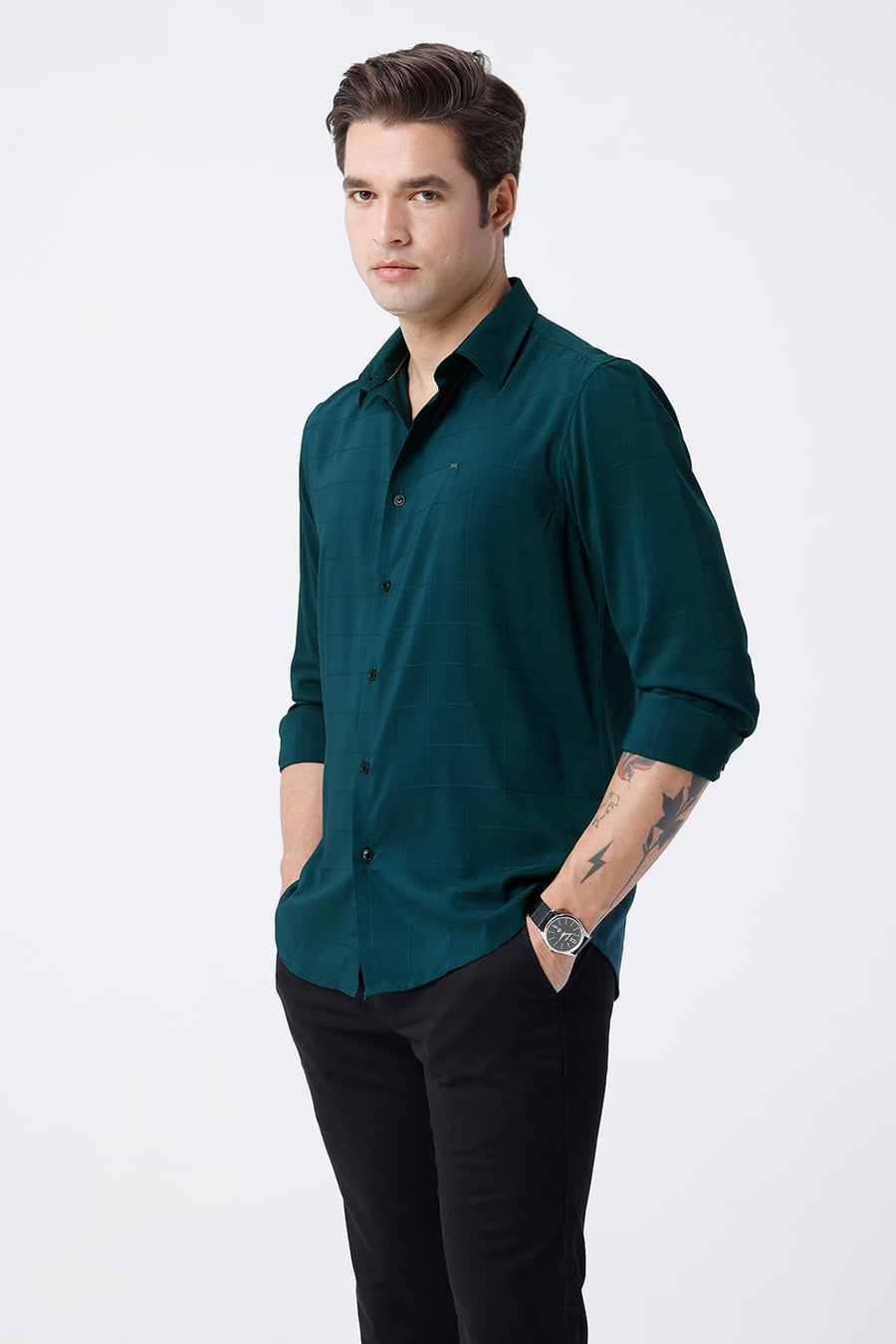 BASICS SLIM FIT PACIFIC GREEN VISCOSE POLYESTER STRETCH SELF CHECKS SHIRT