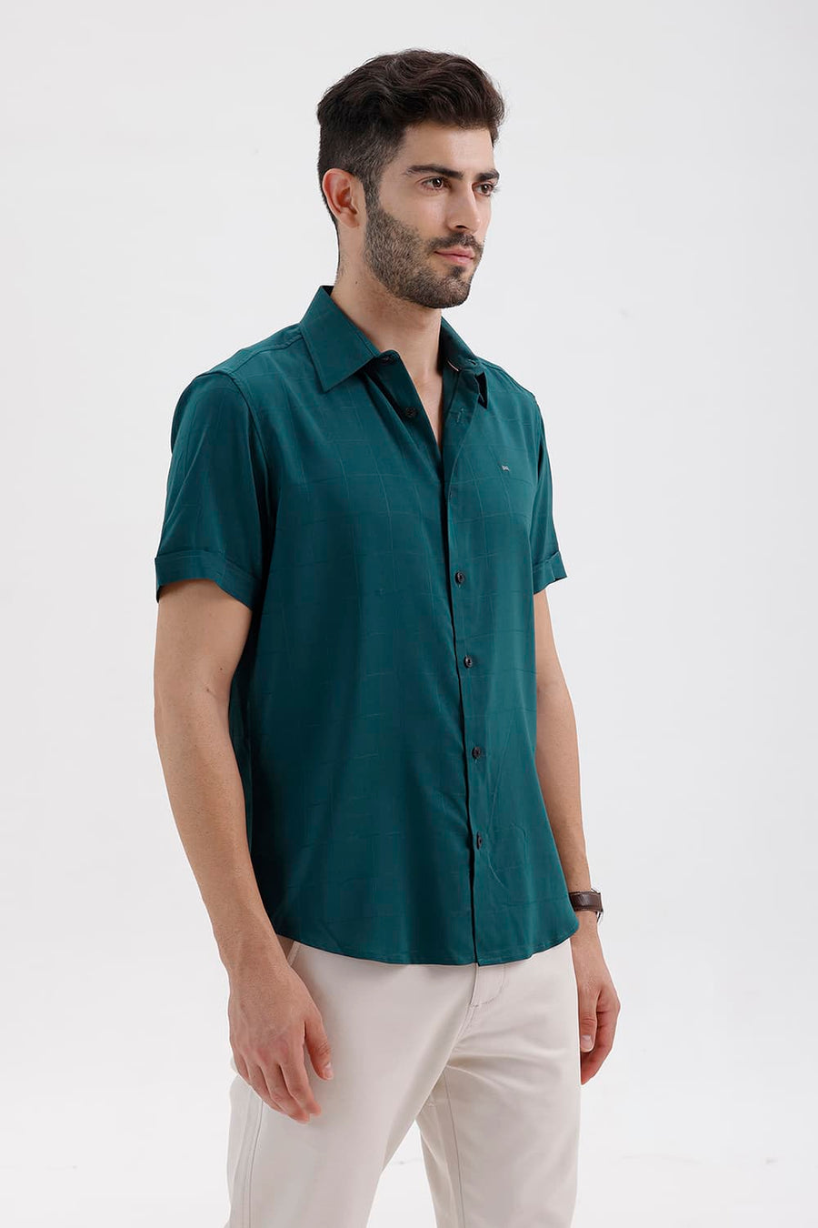 BASICS SLIM FIT TEAL GREEN VISCOSE POLYESTER STRETCH SELF CHECKS HALFSLEEVES SHIRT