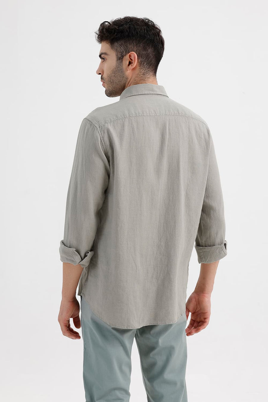 BASICS SLIM FIT SILVER GREEN LINEN COTTON SHIRT