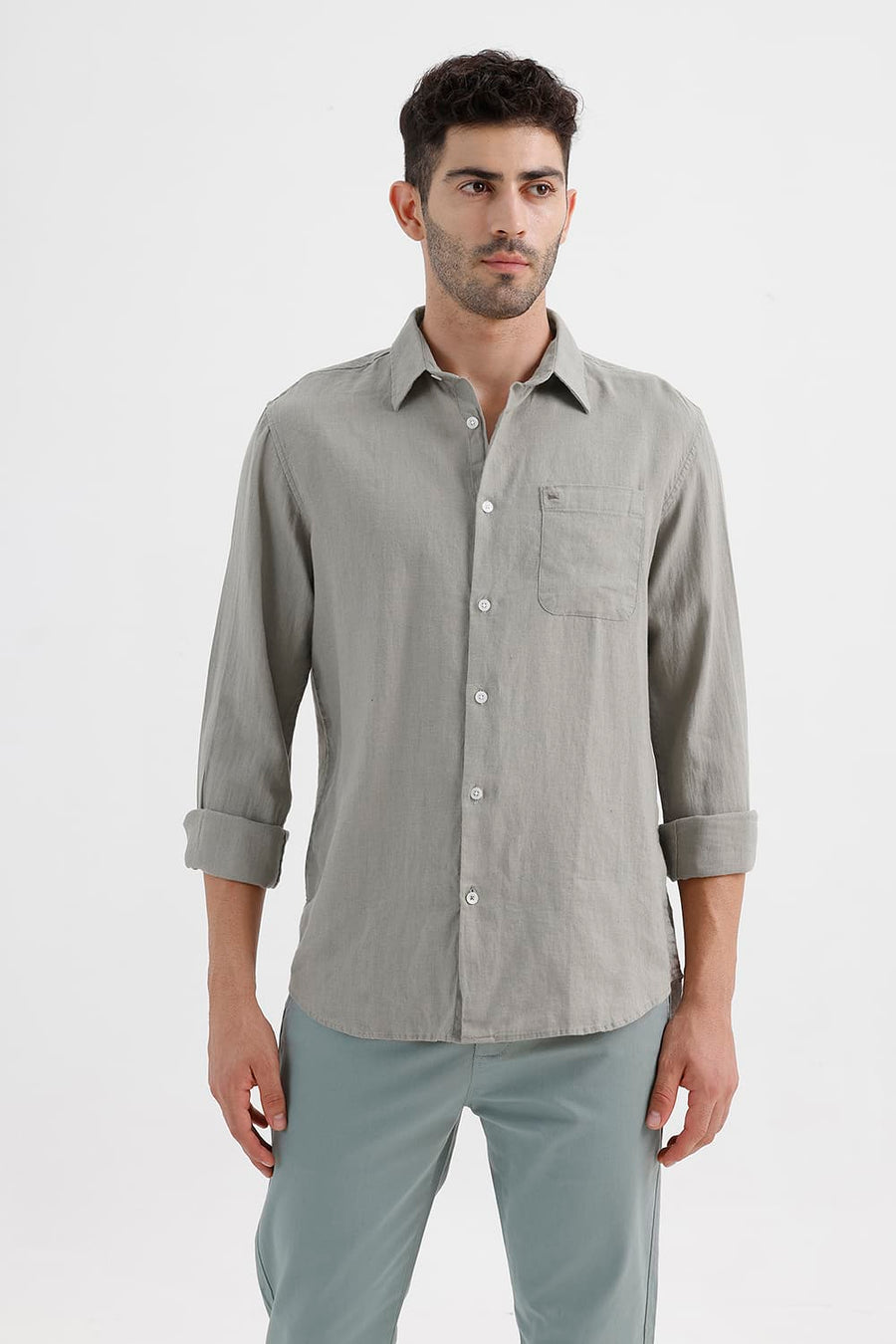 BASICS SLIM FIT SILVER GREEN LINEN COTTON SHIRT