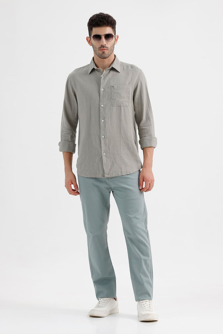 BASICS SLIM FIT SILVER GREEN LINEN COTTON SHIRT
