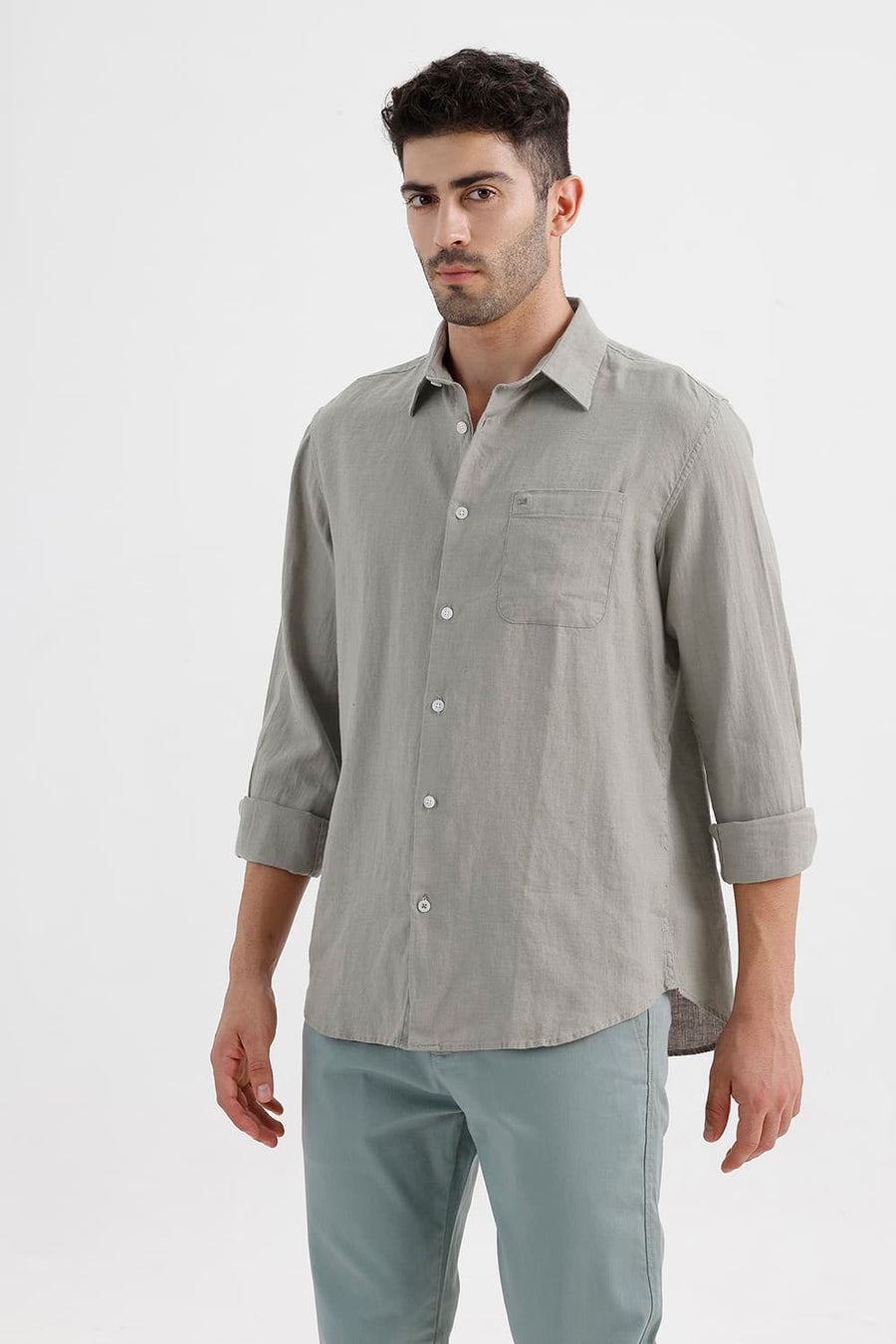BASICS SLIM FIT SILVER GREEN LINEN COTTON SHIRT