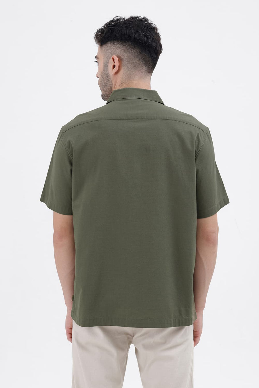 BASICS RELAXED FIT LICHEN GREEN COTTON SLUB DOBBY HALFSLEEVES SHIRT