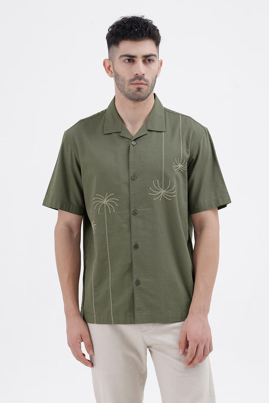 BASICS RELAXED FIT LICHEN GREEN COTTON SLUB DOBBY HALFSLEEVES SHIRT
