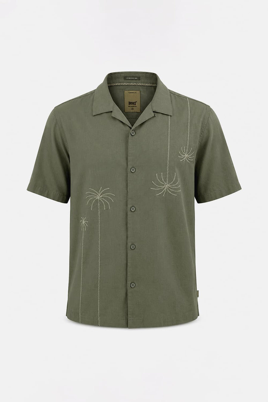 BASICS RELAXED FIT LICHEN GREEN COTTON SLUB DOBBY HALFSLEEVES SHIRT