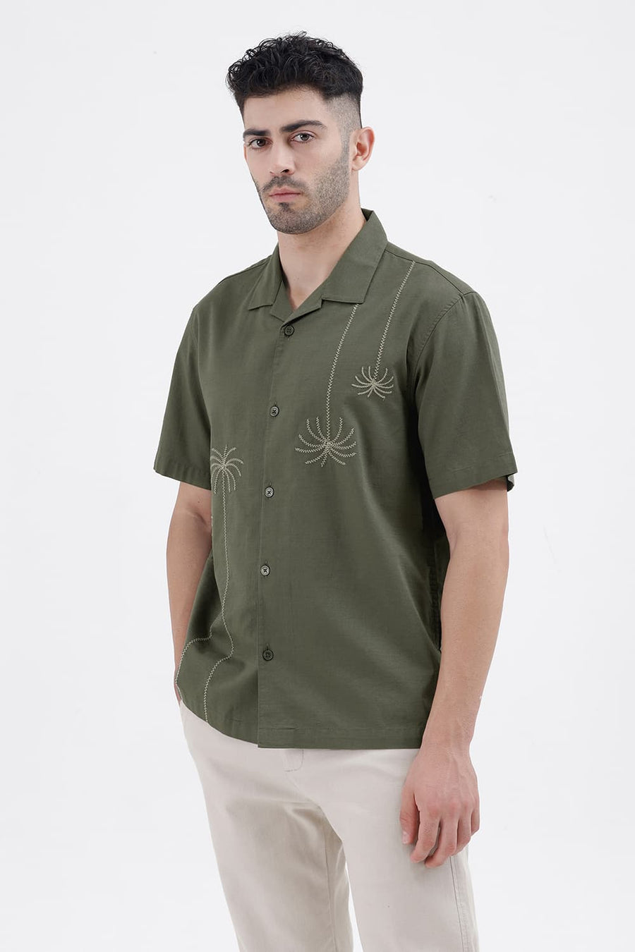 BASICS RELAXED FIT LICHEN GREEN COTTON SLUB DOBBY HALFSLEEVES SHIRT