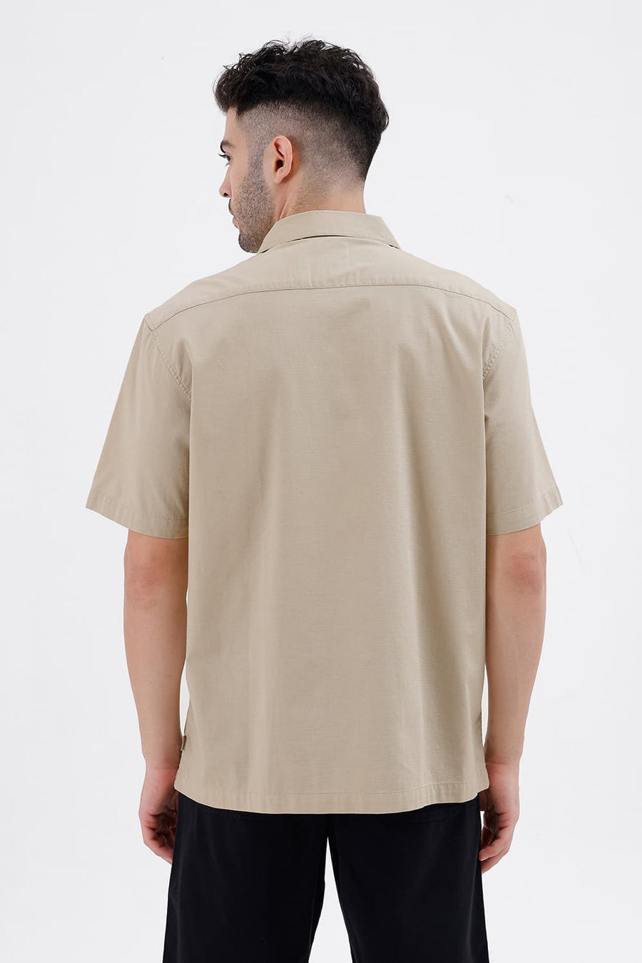 BASICS RELAXED FIT OYSTER BEIGE COTTON SLUB DOBBY HALFSLEEVES SHIRT