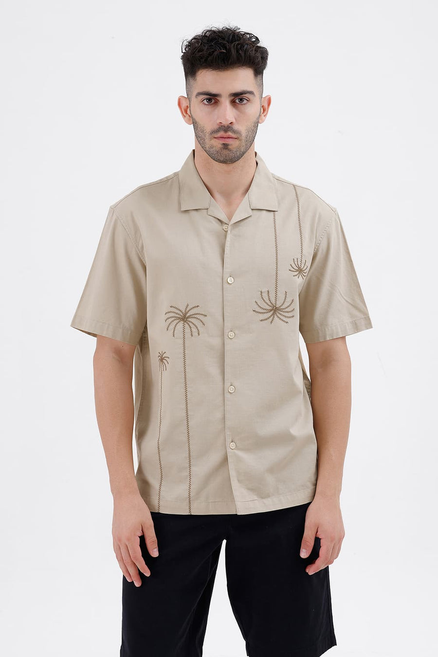 BASICS RELAXED FIT OYSTER BEIGE COTTON SLUB DOBBY HALFSLEEVES SHIRT