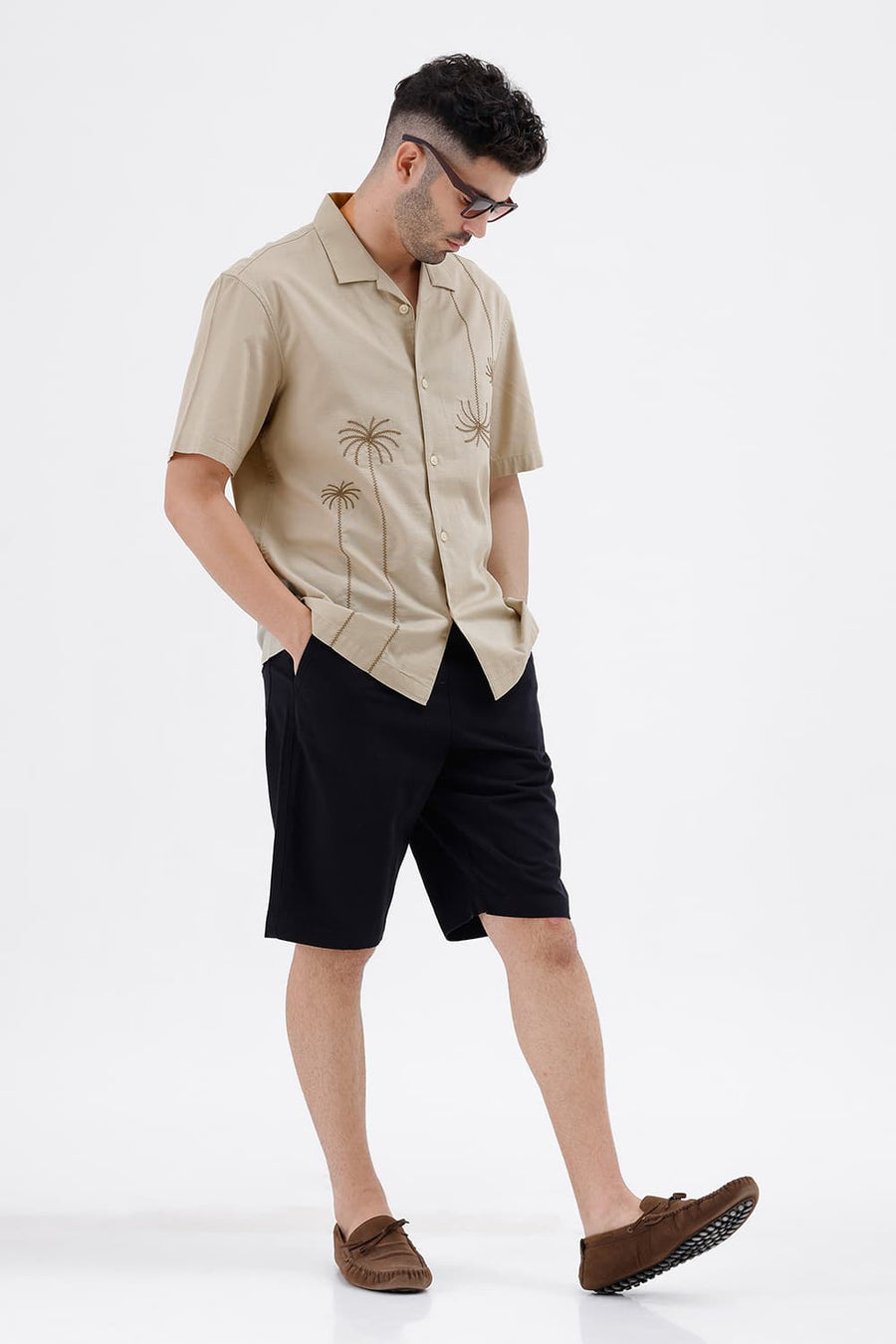BASICS RELAXED FIT OYSTER BEIGE COTTON SLUB DOBBY HALFSLEEVES SHIRT