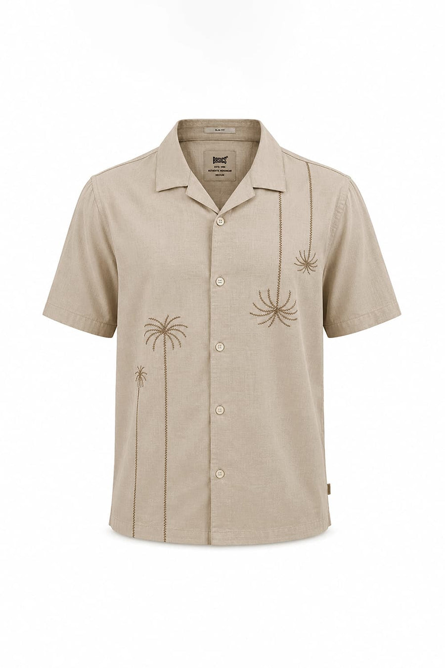 BASICS RELAXED FIT OYSTER BEIGE COTTON SLUB DOBBY HALFSLEEVES SHIRT