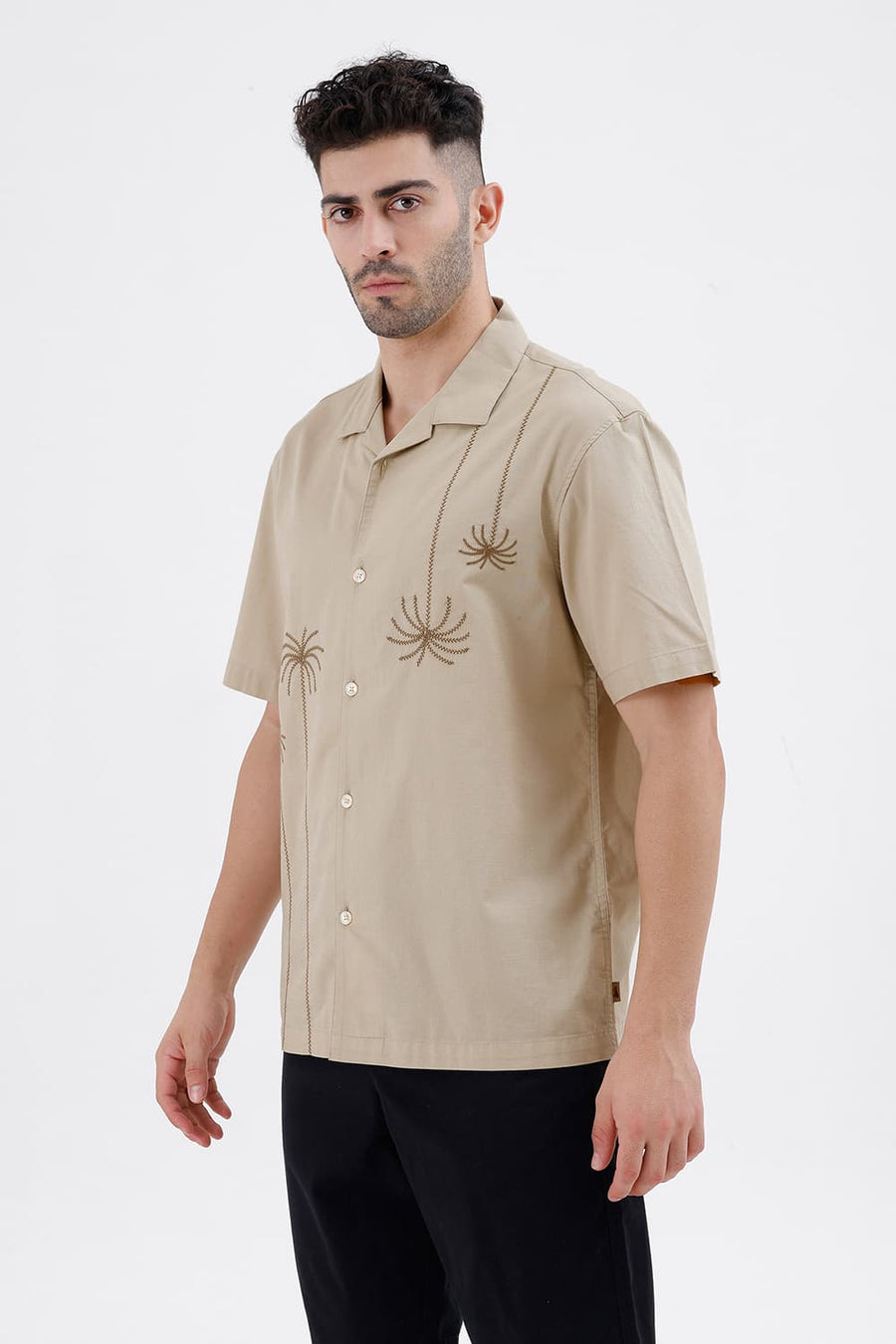 BASICS RELAXED FIT OYSTER BEIGE COTTON SLUB DOBBY HALFSLEEVES SHIRT