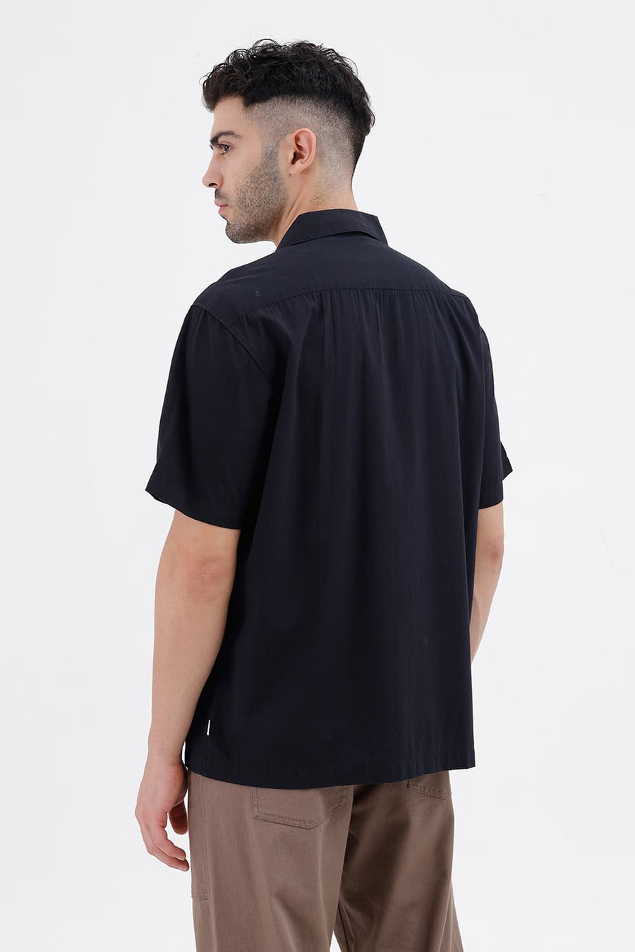 BASICS RELAXED FIT PIT BLACK COTTON VISCOSE DIGITAL PRINTED HALFSLEEVES SHIRT