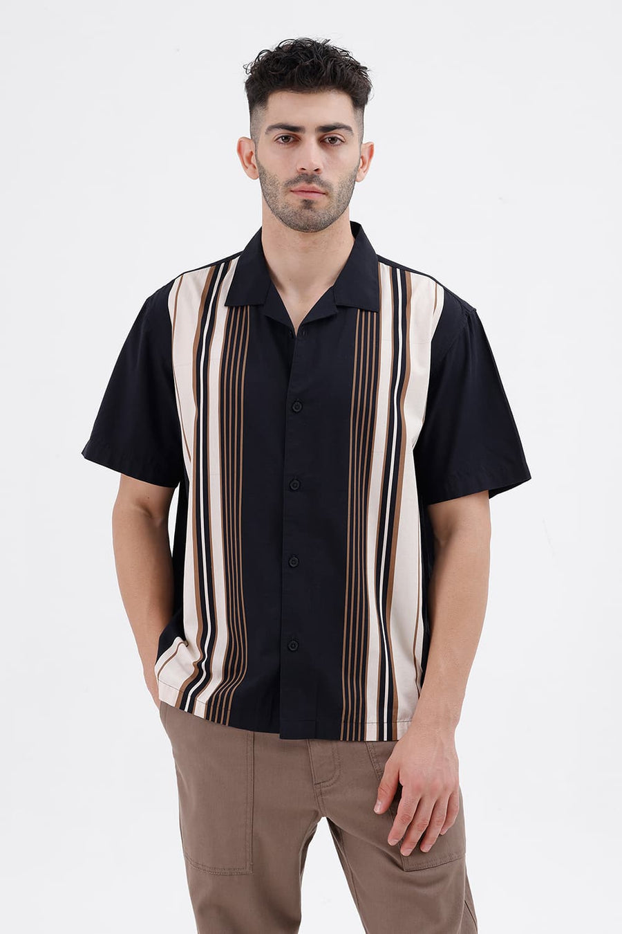 BASICS RELAXED FIT PIT BLACK COTTON VISCOSE DIGITAL PRINTED HALFSLEEVES SHIRT