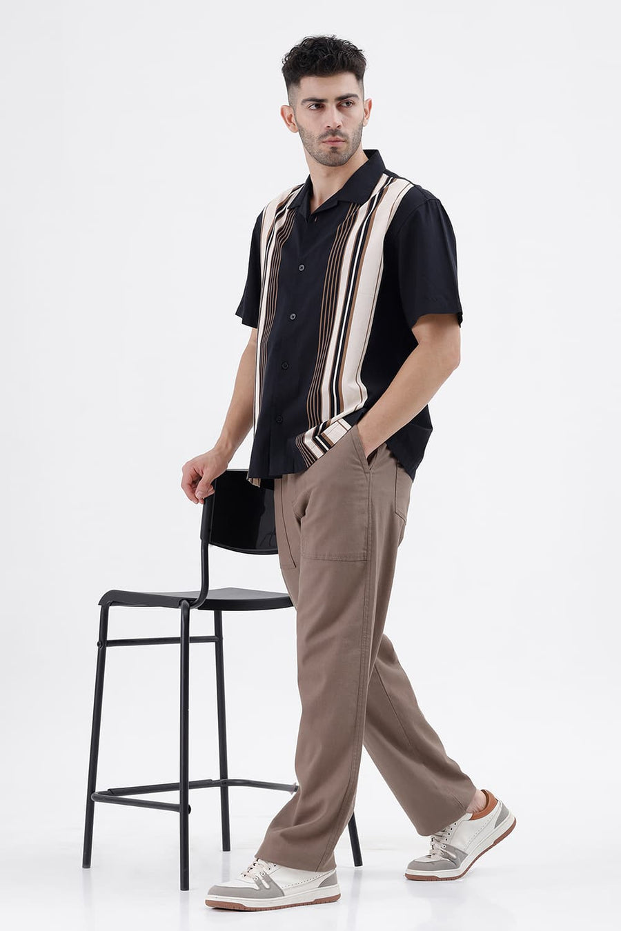 BASICS RELAXED FIT PIT BLACK COTTON VISCOSE DIGITAL PRINTED HALFSLEEVES SHIRT